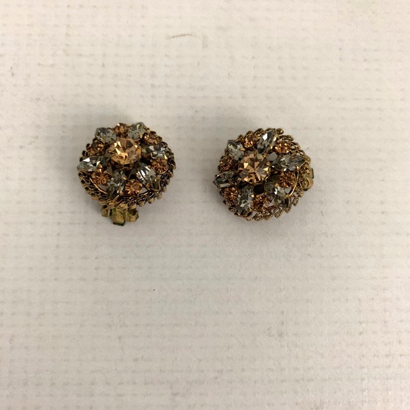 Vintage Brown Gray Rhinestone Clip on Earrings - Picture 1 of 3